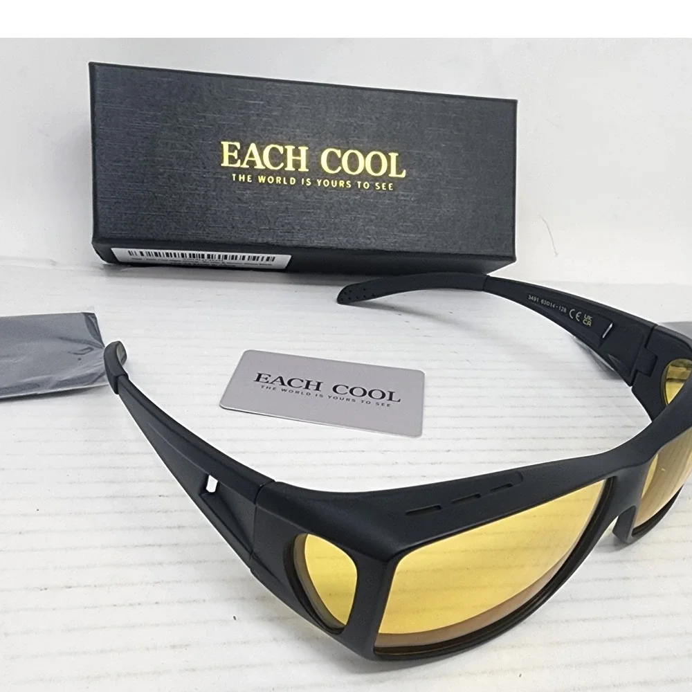 Each Cool Night Vision Glasses Men OS Black‎ Yellow Lens Wrap Driving Safety NWT